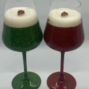 Green and red glitter wine glass candles